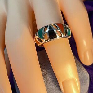 Neal Paquin Jemez Zuni Ring marked 925 NP Multi Gemstones Domed band Size 8